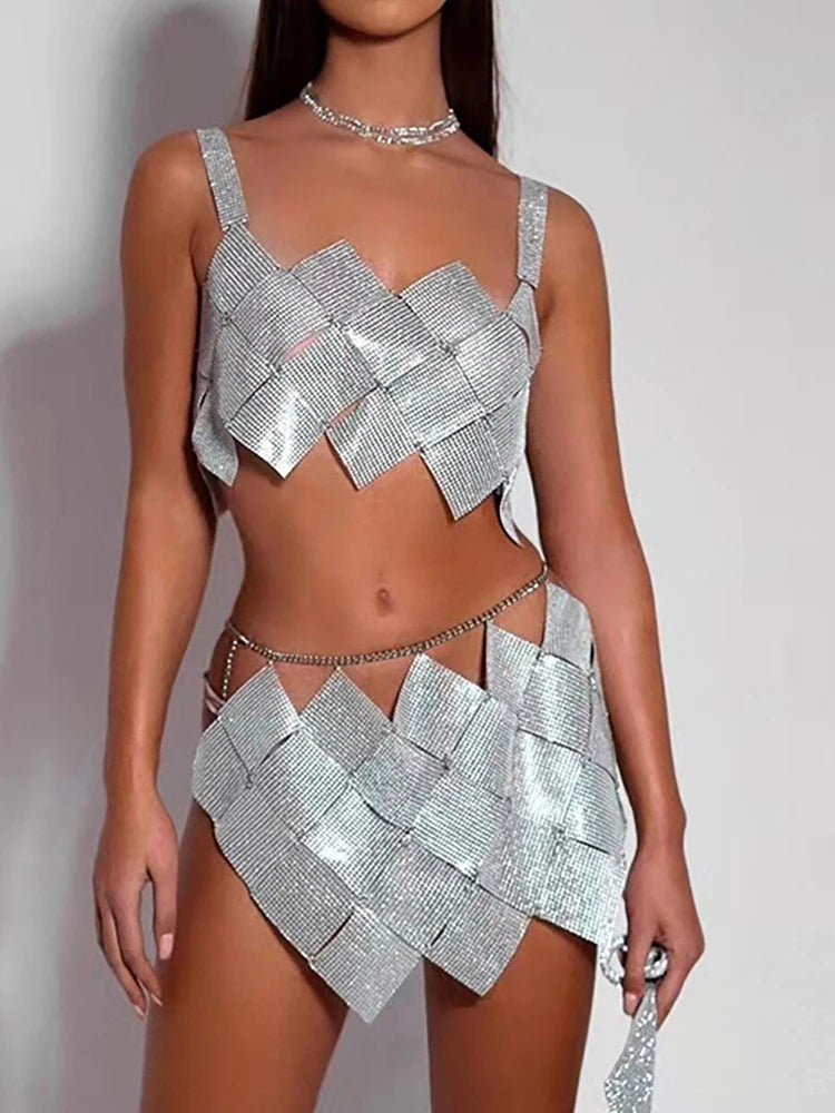 Nouveau Losange À Carreaux Paillettes Épissage Débardeur Wrap Hanche Jupe 2 Pièces Ensemble Femmes Boîte De Nuit Paillettes Strass Tenues Y2K Costume Sexy