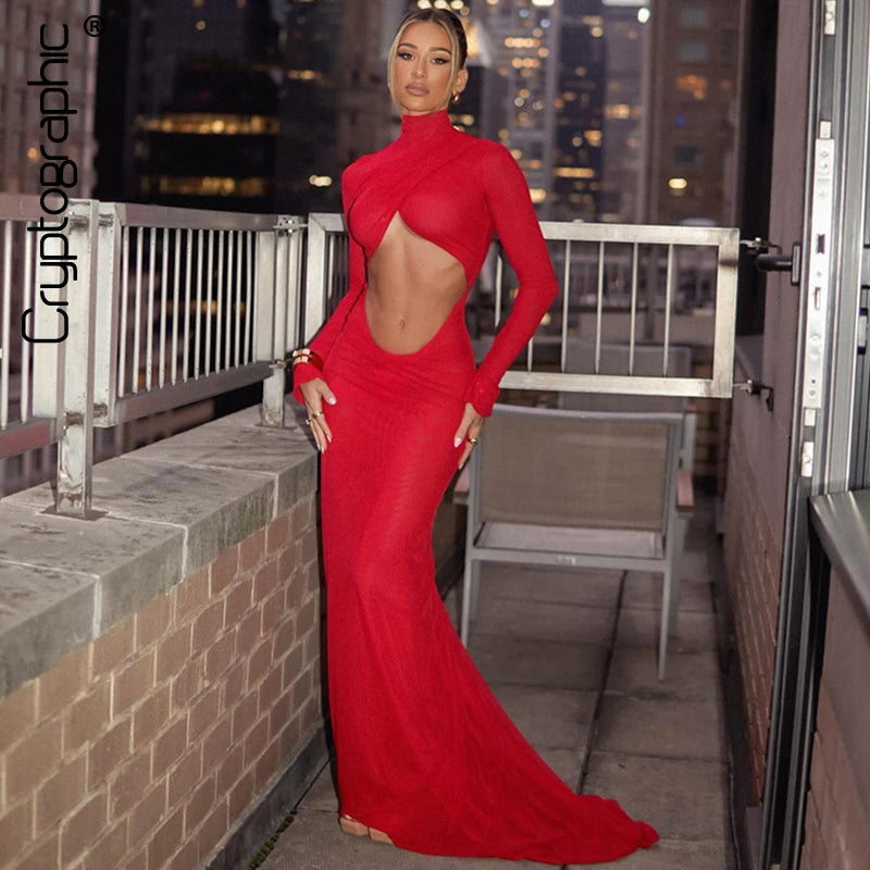 Cryptographic Elegant Red Cut Out Maxi Dress for Women Party Club Outfits Long Sleeve Ruched Sexy Backless Gown Birthday Dresses