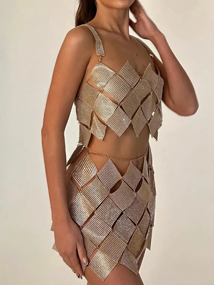 Nouveau Losange À Carreaux Paillettes Épissage Débardeur Wrap Hanche Jupe 2 Pièces Ensemble Femmes Boîte De Nuit Paillettes Strass Tenues Y2K Costume Sexy