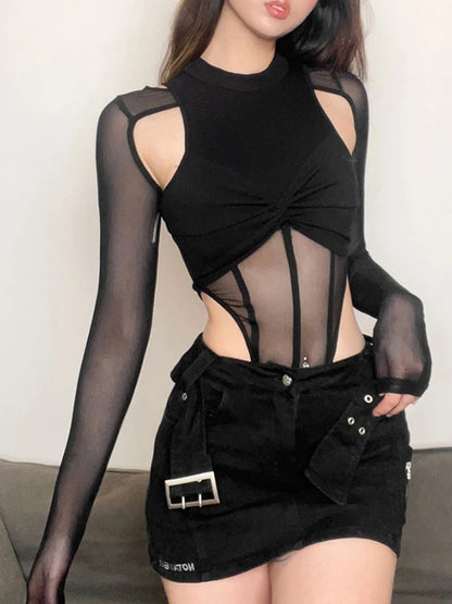 Hollow Out Black Bodysuit See Through Lingerie Sexy Slim O-Neck One-Pieces Corset Top Long Sleeve Fashion Trends Women Clothing