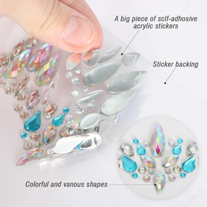 6Pcs Mermaid Face Jewels Gems Rhinestones Rave Eye Body Temporary Stickers Crystal Face Stickers Decorations for Festival Party