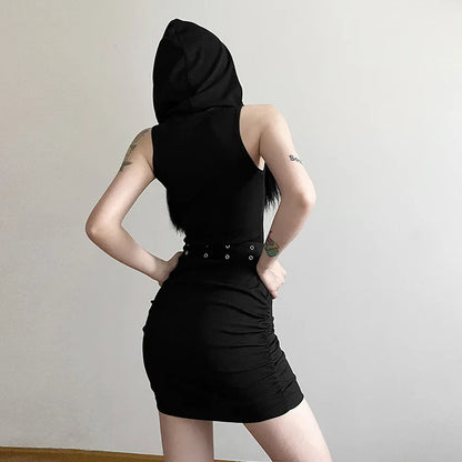 Goth Dark Cyber Gothic Grunge Hooded Mini Dresses With Belt Y2k Ruched Side Bodycon Women Dress Turtleneck Sleeveless Streetwear