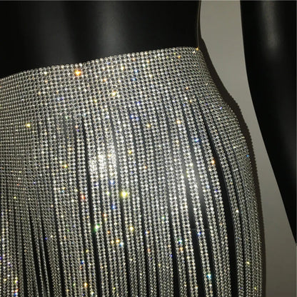 Shiny Diamond Long Tassel Skirt Sexy See Through Patchwork Rhinestone Hyperbolic Chic Skirts Music Festival Hot Skirt For Lady