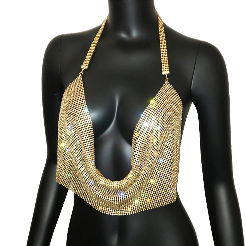 Y2K Shiny Rhinestone Sexy Deep V Mini Camisole Bar Nightclub Party Hot Girls Clothes Metal Mesh See-through Ultrashort Crop Top