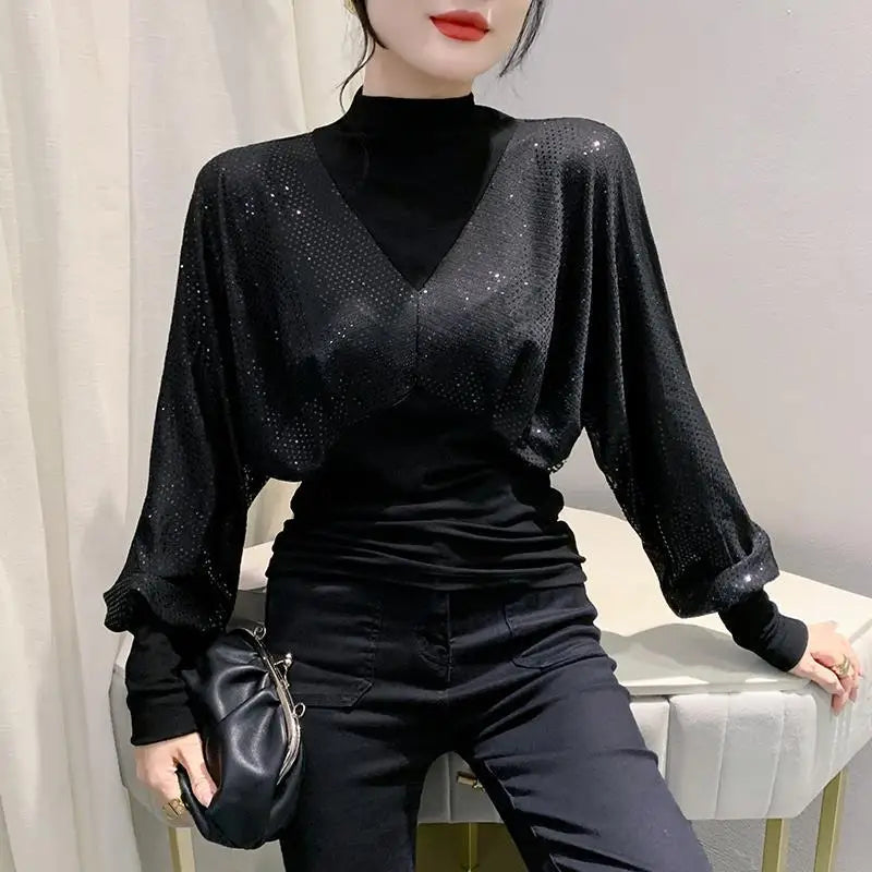 Fashion Puff Sleeve Sparkle Rhinestone Tops Women Nightclub Rave Outfits Glitter High Collar Patchwork T-shirt Casual Streetwear