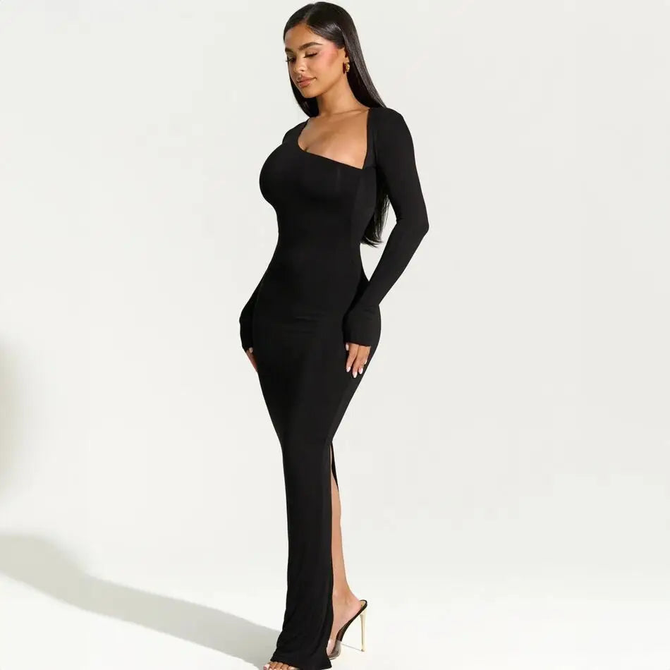 Vestido de fiesta de noche negro Sexy para mujer elegante Otoño Invierno nuevos trajes asimétricos de manga larga con abertura Maxi vestidos 809