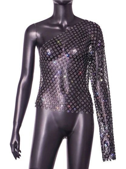 Camiseta sin mangas con cuello oblicuo y manga de un solo hombro para mujer, camiseta Sexy de malla transparente para fiesta en club nocturno, Rave, diamantes brillantes