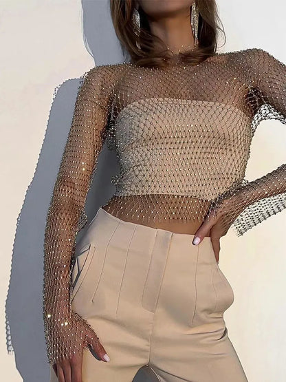 Camiseta transparente de malla para mujer, Top Sexy de rejilla con diamantes de imitación brillantes, Top corto con apertura, camisetas sin mangas de manga larga para playa y fiesta