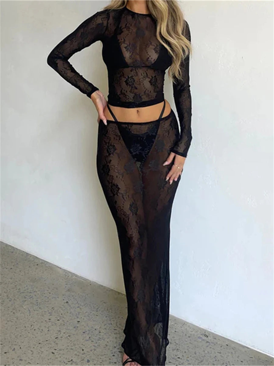 wsevypo See-Through Lace Floral Mesh Sheer Dress Sets Women Sexy Beach Suits Long Sleeve Crop Tops+Midi Waist Long Skirts Sets