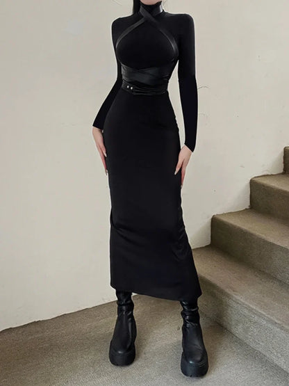 WeiYao Kusa Bundle Bodycon Dress for Women Punk Rock Dark Black Tight Sexy Dress Party Club Halloween 2023 Autumn Fashion Robe