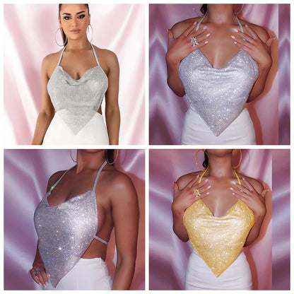 Y2K Glitter Rhinestone Halter Tank Tops para mujer Festival Fiesta Sexy Camisola de corte bajo Funky Girls Chic Espalda descubierta Triángulo Chaleco