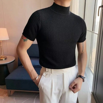 Autumn New Short Sleeve Knitted Sweater Men Tops Clothing 2024 All Match Slim Fit Stretch Turtleneck Casual Pull Homme Pullovers