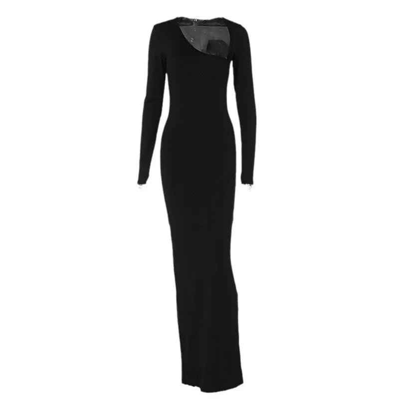 Sexy Black Evening Party Dress Women Elegant 2023 Fall Winter New Outfits Asymmetrical Long Sleeve Slit Maxi Dresses 809