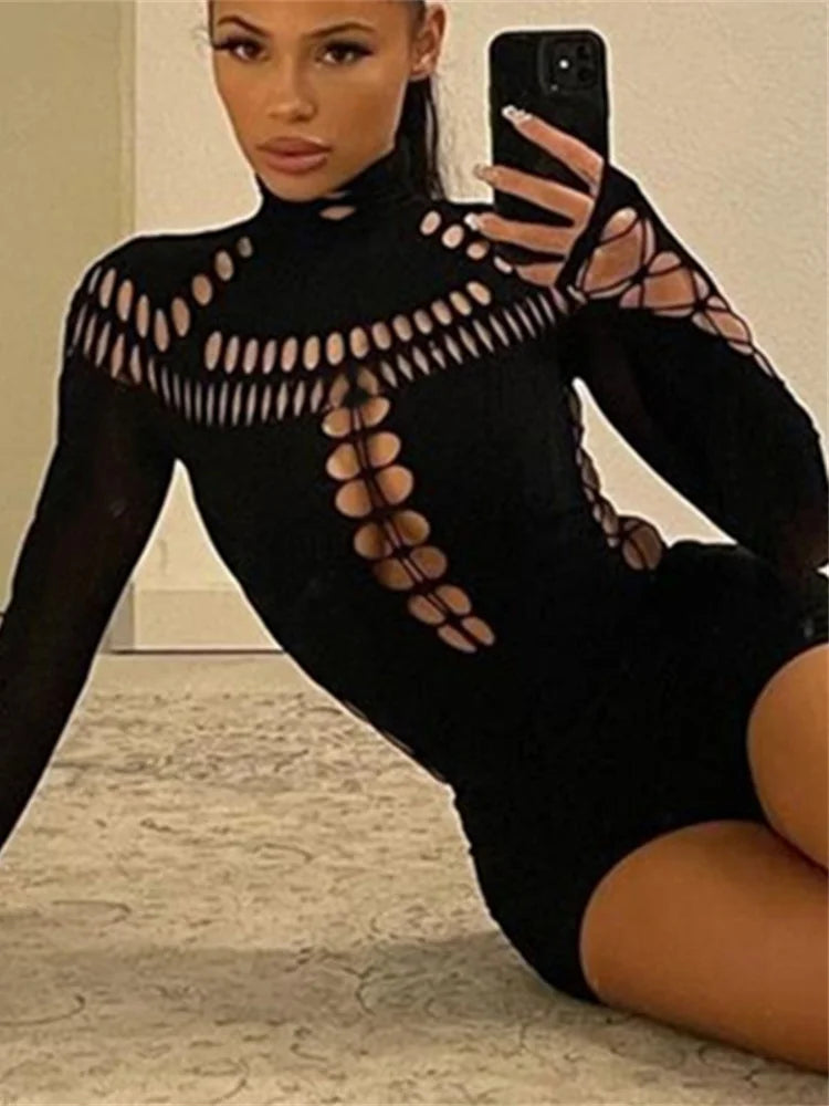 Weird Puss Hollow Out Women Bodysuit Criss-Cross Full Sleeve Autumn Trend Skinny Sexy Solid Rave Party Club Streetwear Outfit