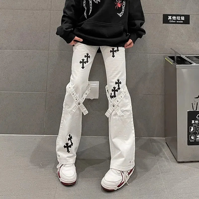 Ladies Jeans High Waist Gothic Jeans Pants for Women Baggy Cross Stitch Wide Leg Pants Harajuku Denim Streetwear