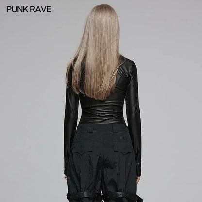 PUNK RAVE Women's Daily Long Sleeve Elastic Faux Leather Hollow Chest Tight T-shirt Punk Style Adjustable Pleating Casual Tops