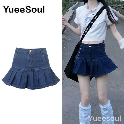 Blue Denim Skirt 2023 New Fashion Printed Pleated High Waist Mini Skirts Y2K Retro Sweet Cute Sexy Streetwear Summer Women Skirt