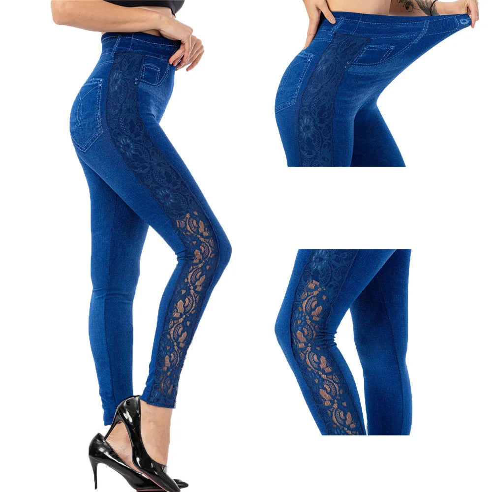 See-Through Lace Leggings High Waist Imitation Denim Legging Women Elastic Jeggings Printing Casual Trousers Pencil Pants