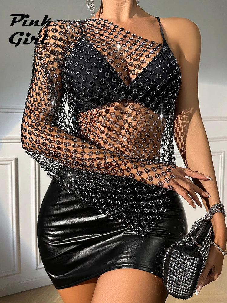 Women Designer Single Shoulder Sleeve Skew Collar Tank Top Nightclub Party Rave Shining Diamonds Sexy See-through Mesh T-shirt