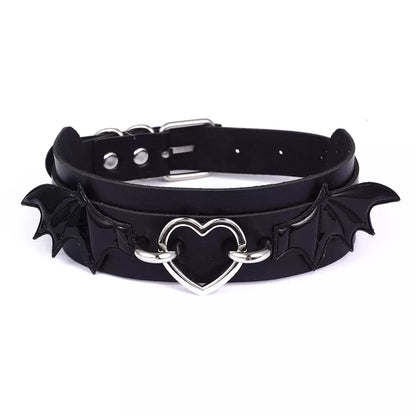 Black Leather Bat Wings Choker Necklace For Women Girls Goth Cute Heart Collar Gothic Jewelry Aesthetic Halloween  Accessories