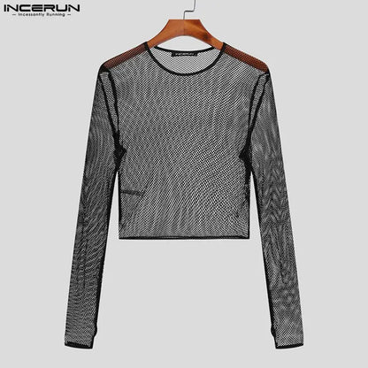 Party Nightclub Style Tops INCERUN Men's See-through Mesh T-Shirts Stylish Casual Hot Sale Long-sleeved Pullover Camiseta S-5XL