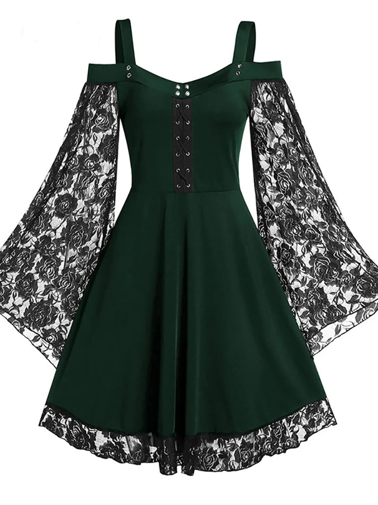 Goth Dark Gothic Aesthetic Vintage Women Autumn Dresses Grunge Lace Patchwork Flare Sleeve Black A-line Dress Punk Partywear