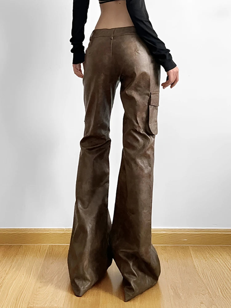 Weekeep Vintage Brown Leather Pants Grunge 2000s Low Rise Pockets Patchwork Baggy PU Cargo Pants Women y2k Streetwear Trousers