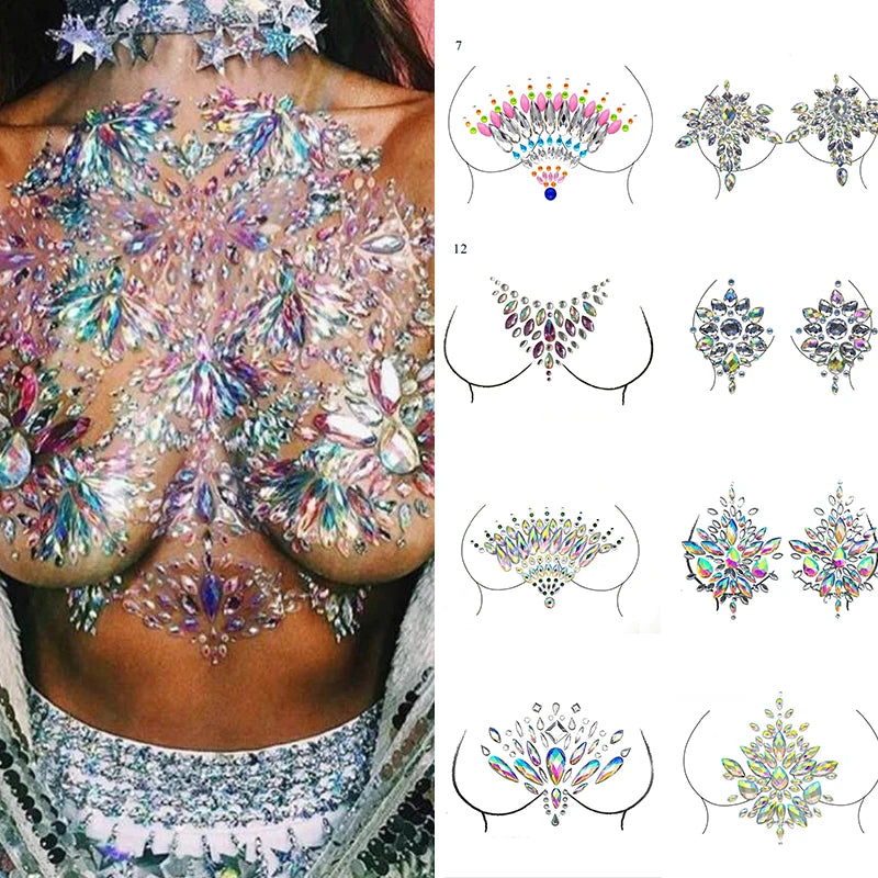 Women 3D Body Rhinestones Chest Acrylic Diamond  Makeup Tattoo Sticker Face Jewels Self Adhesive Music Festival Decor DIY Beauty