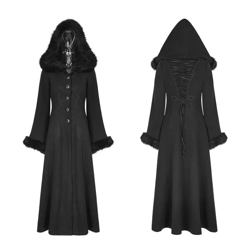 PUNK RAVE New Designs Gothic Winter Coat Women Black Disc Flowers Long Worsted Hood Female Coats Embroidery Raincoat Autumn