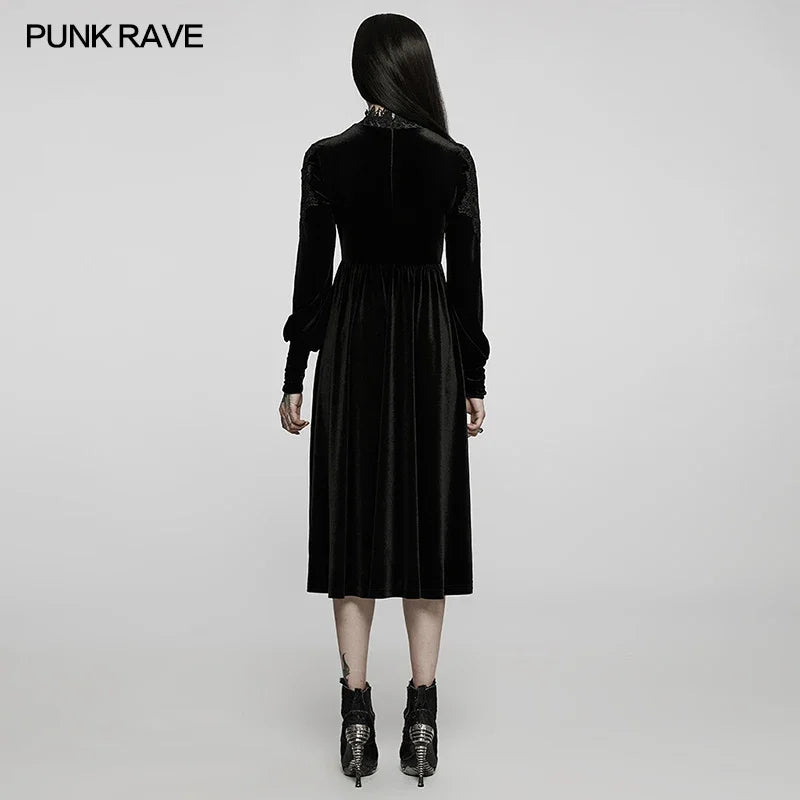 PUNK RAVE gótico mujer patrón de diamante vestido de terciopelo negro cuello de encaje apliques manga vestidos Vintage ropa Otoño/Invierno