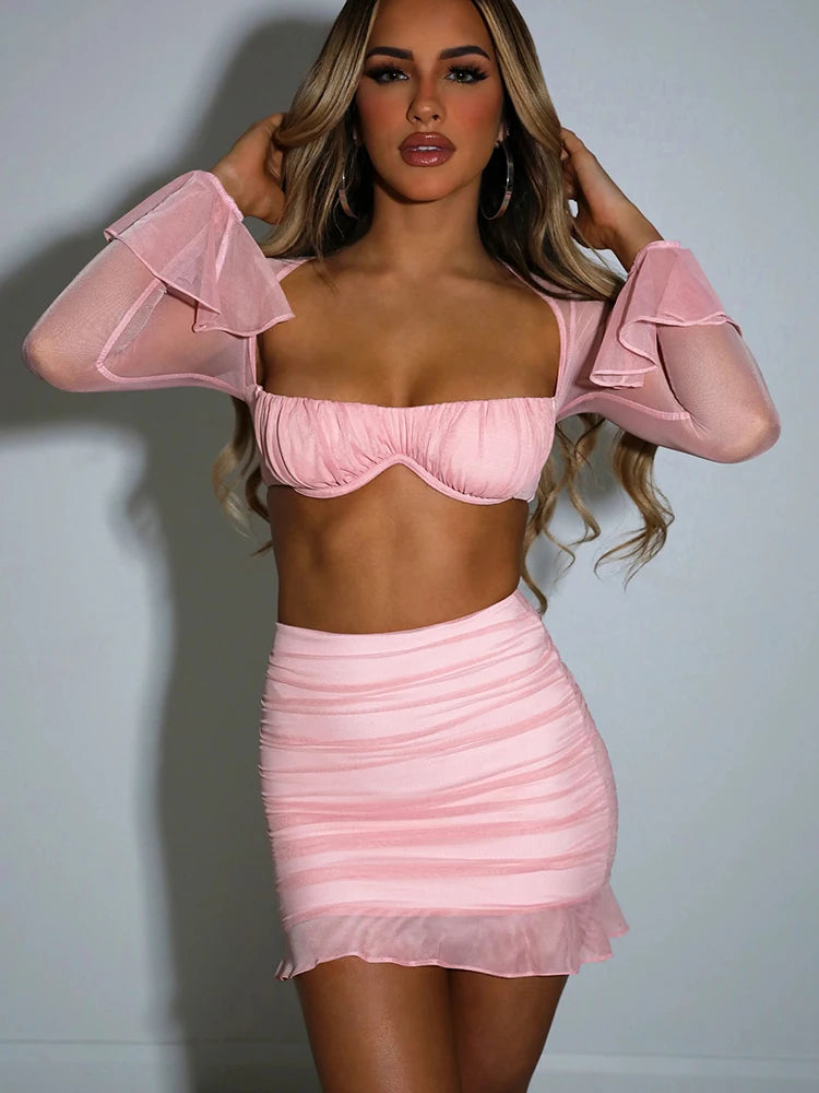 Mozision Mesh Sexy Dress Set Women Strapless Full Sleeve Crop Top And Mini Skirt Matching Sets Female Club Party Two Piece Set