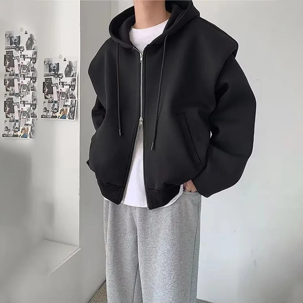 Sudadera con capucha y hombreras para hombre, cárdigan informal a la moda, sudadera coreana holgada con cremallera, chaqueta con capucha, abrigo de tendencia Unisex, color negro y gris