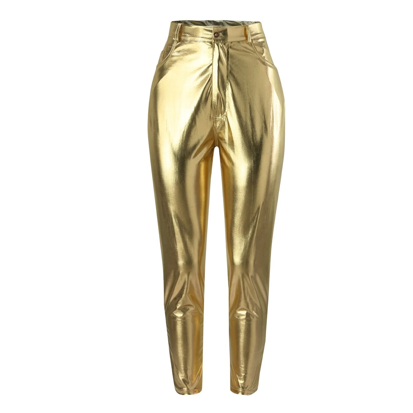 Women Leggings Faux Leather Pants Spring Gold Silver Fashion Lady Trousers Sexy Skinny Tight Pocket Button Female Long Pants