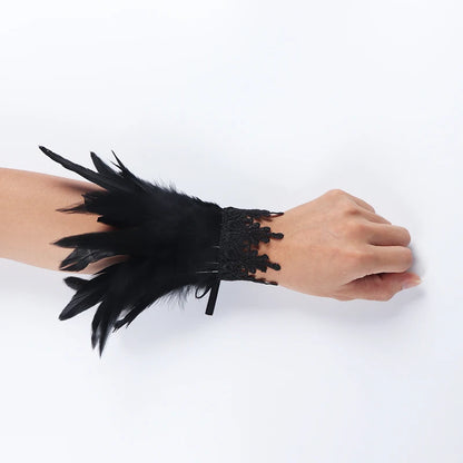 2pcs Lace Feather Wrist Cuffs Black Real Natural Dyed Rooster Feather Arm Warmers Party Cosplay Costume Accessory Feather Gloves