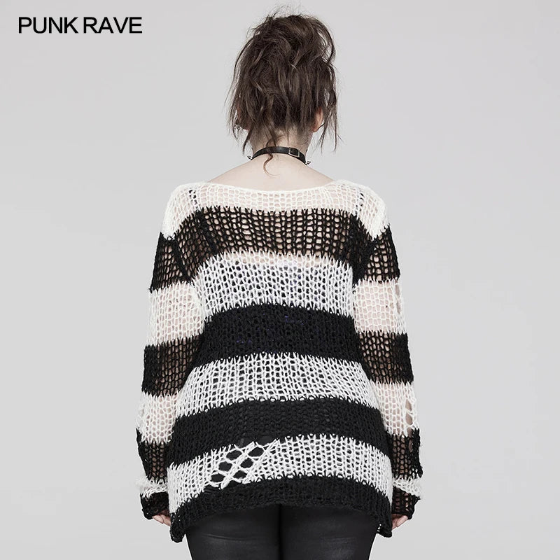 PUNK RAVE Women's Decayed Mohair O-Neck Pullover Sweater Punk Daily Versatile Stripes Mesh Loose Tops