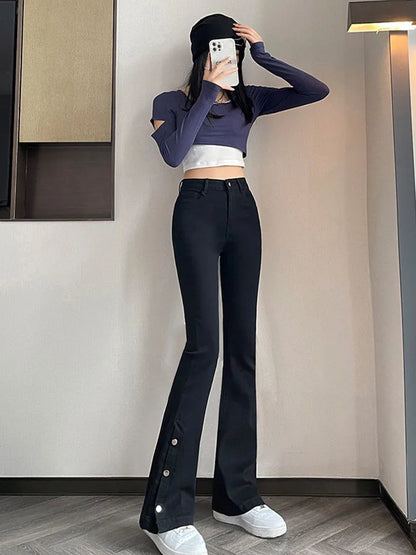 Flare Denim Pants Summer Fall Women 2023 High Waist Split Bodycon Skinny Love Patchwork Streetwear Indie Black Jeans Pants