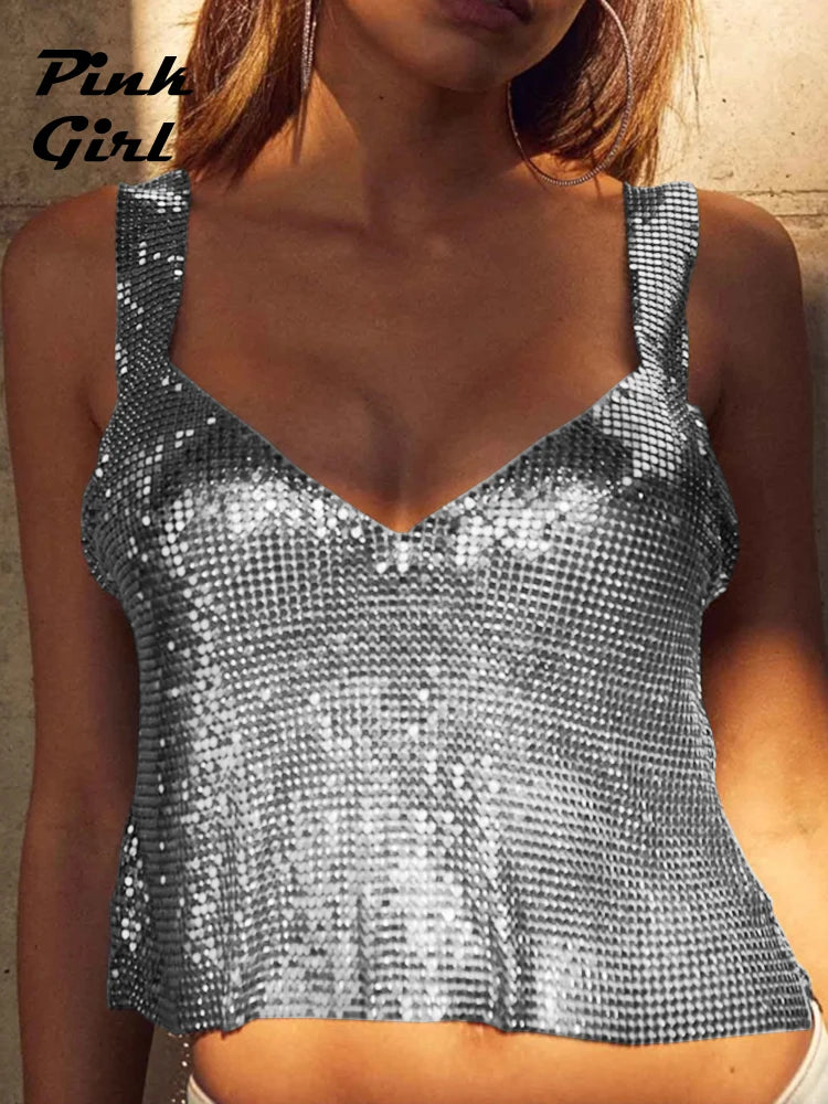 Gothic Metal Sequined Tank Top Spice Girl Party Outfits Music Festival Rave Backless Vest Women Sexy Low Cut V-neck Crop Tops