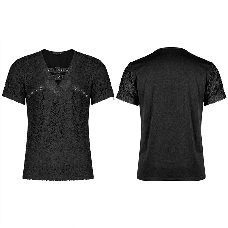 PUNK RAVE Men's Gothic Daily Personality Stylish Mesh V-neck Short Sleeve T-shirt Slim Fit Black Tops Spring Summer