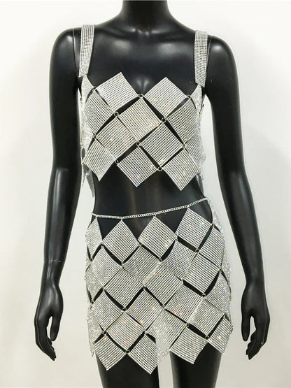 Nouveau Losange À Carreaux Paillettes Épissage Débardeur Wrap Hanche Jupe 2 Pièces Ensemble Femmes Boîte De Nuit Paillettes Strass Tenues Y2K Costume Sexy