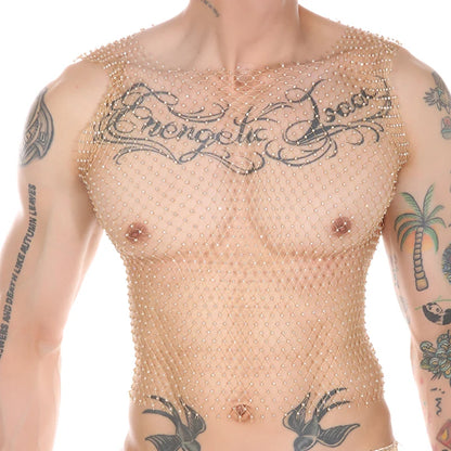 Men's Sexy Sheer Glitter Diamond Fishnet Vest Porn Transparent T-Shirt Stage Club Costume Sex Lingerie Sissy Top Short Sleeves