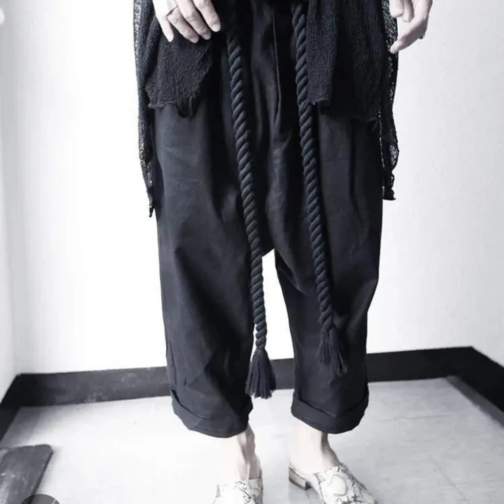 Men Summer Black Linen Harem Pants Nightclub Stage Baggy Trousers With Rope Belt Mens Gothic Punk Hip Hop Joggers Street Wear