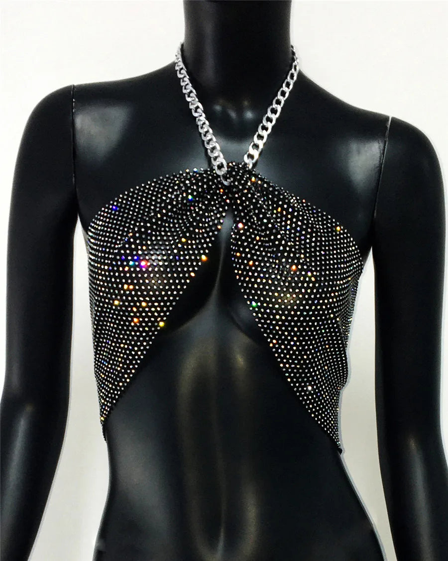 Shiny Rhinestone Fishnet Party Camisole For Women Sexy Metal Halter Neck Hollow See Through Mesh Tank Top Nightclub Crop Tops