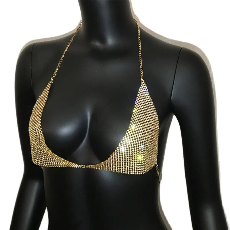 AKYZO – débardeur col licou pour femmes, avec strass scintillants, fait à la main, brillant, Bralette de plage, fête, Club, métal doré, clouté de diamants, 2023