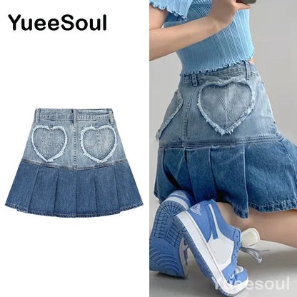 Blue Denim Skirt 2023 New Fashion Printed Pleated High Waist Mini Skirts Y2K Retro Sweet Cute Sexy Streetwear Summer Women Skirt