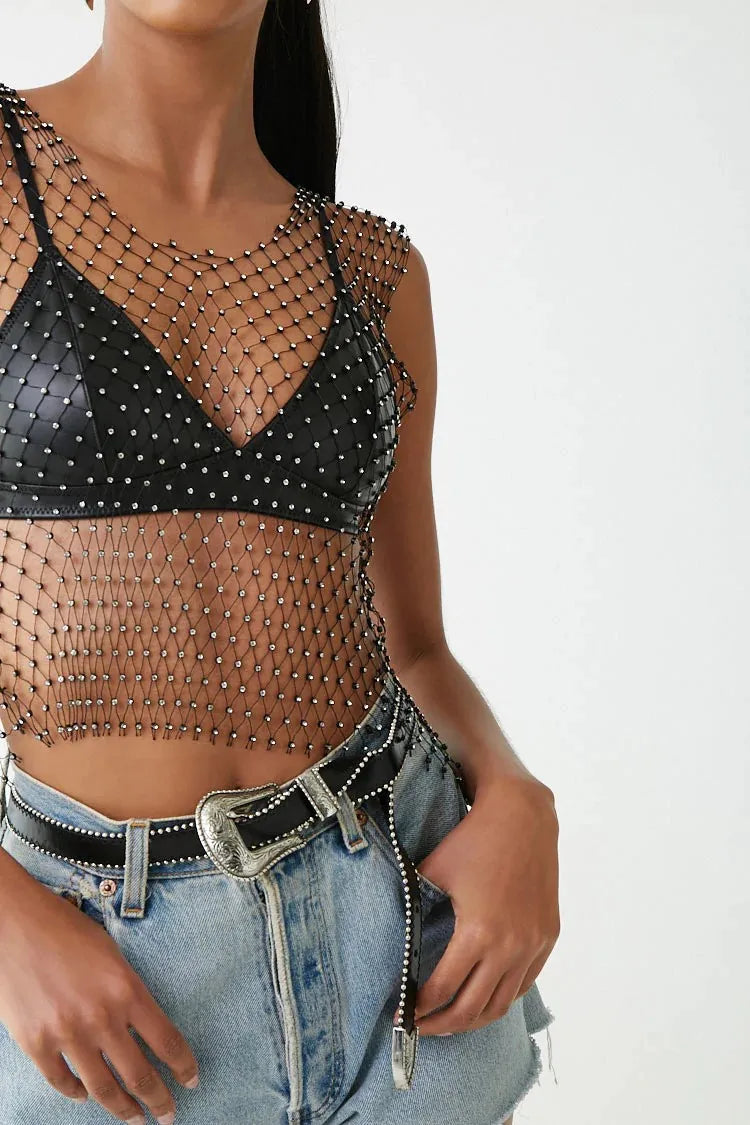 Top corto de rejilla con purpurina y diamantes de imitación para mujer, camiseta Sexy de malla calada transparente para playa Y2K, camisetas sin mangas con diamantes de cristal para fiesta Rave y Club