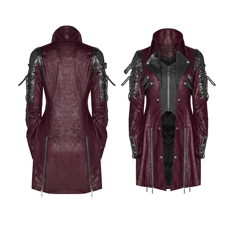 PUNK RAVE Gothic Style Women Vampire Red Punk Studded Heavy Pu Leather Motorcycle Jacket  Fashion Brand Quality Long Coat