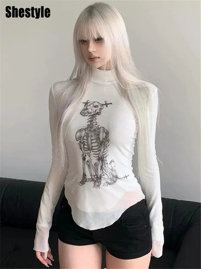 Shestyle crâne chien imprimé blanc T-Shirt femmes gothique asymétrique manches longues maille élégant Sexy chaud Girt haut pour les t-shirts de printemps