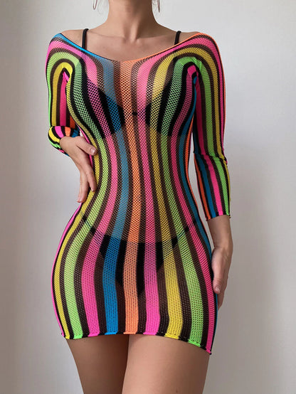 Stunning Fish Net Teddy Dress Semi-Sheer Rainbow Striped Party Dress Women's Lingerie Dresses