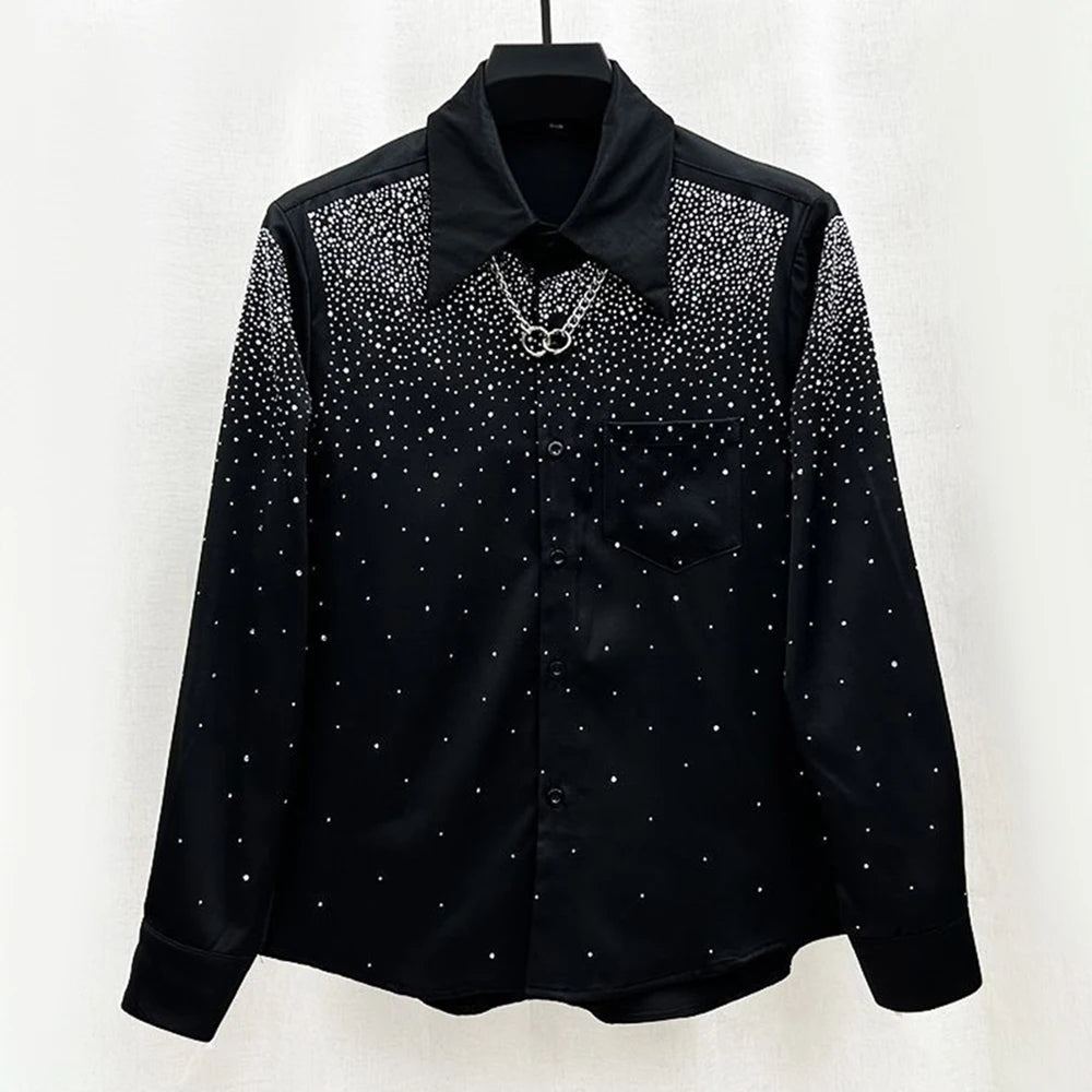 Mens Sexy Diamond Shoulder Pad Shirt Autumn Genderless Fashion Lazy Style Nightclub Performance Loose Long Sleeve Shirt Unisex