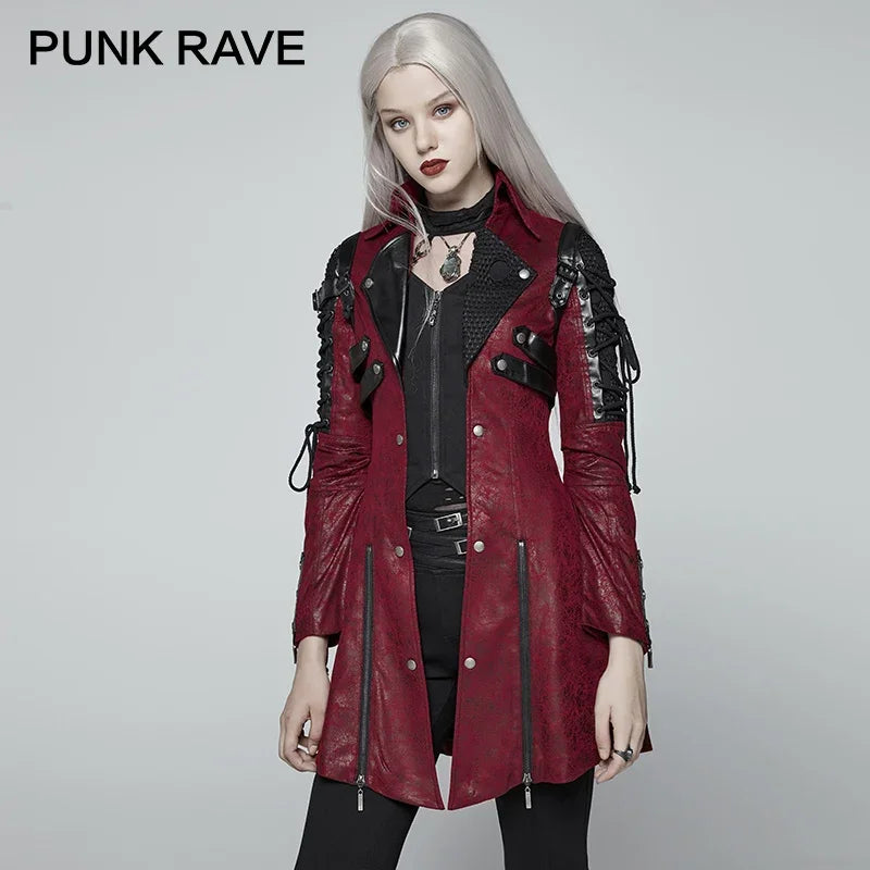 PUNK RAVE Gothic Style Women Vampire Red Punk Studded Heavy Pu Leather Motorcycle Jacket  Fashion Brand Quality Long Coat